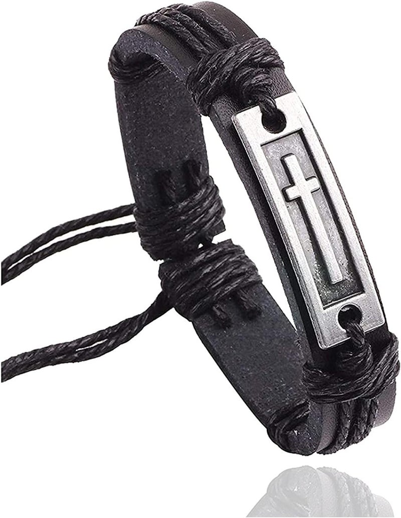 Fusamk Fashion Cross Tag Bangle Adjustable Leather Cuff Wristband Drawstring Rope Bracelet - Image 1